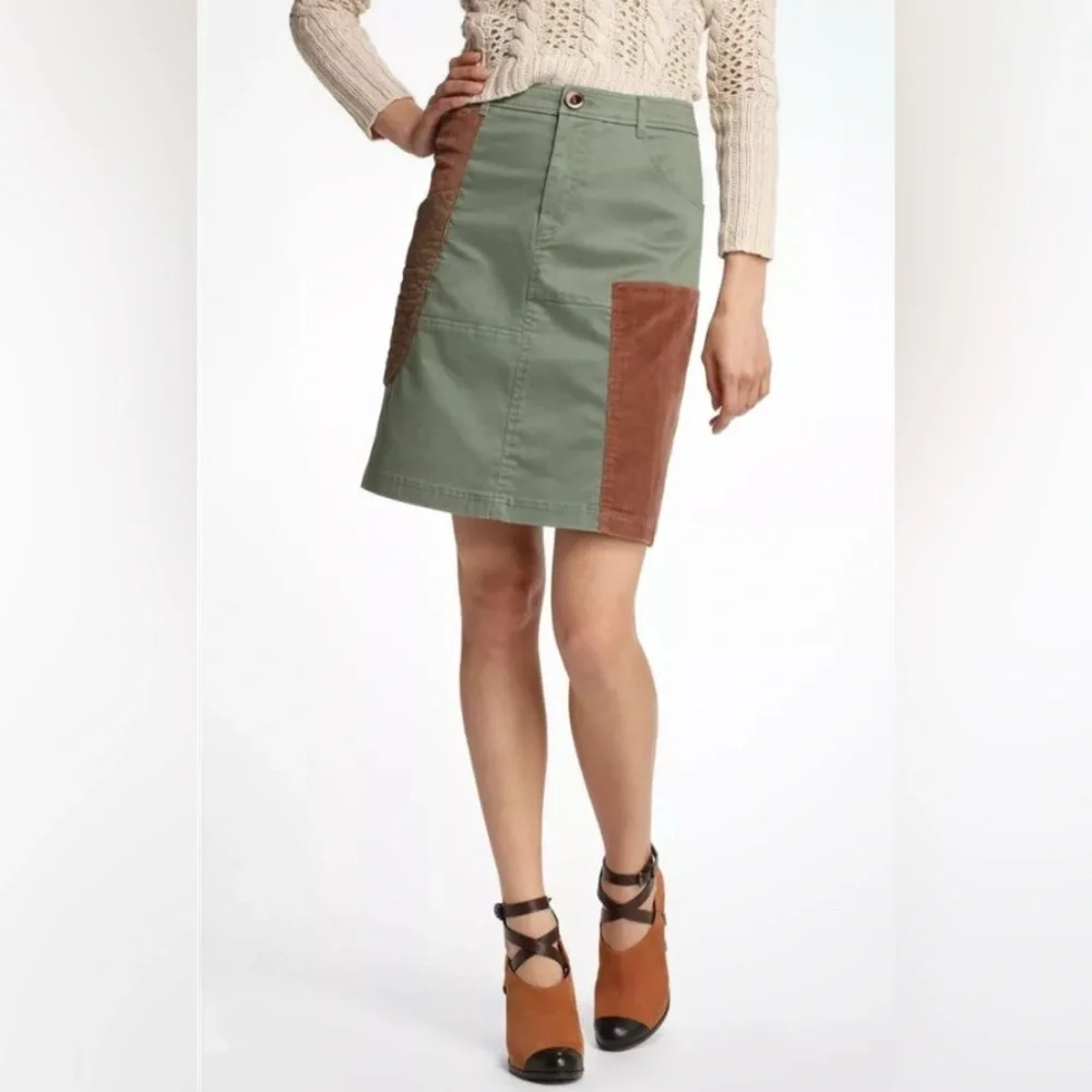 Meadow Rue Anthropologie Green Brown A-Line Patchwork Quilted Pocket Skirt Sz 4 - Picture 8 of 9